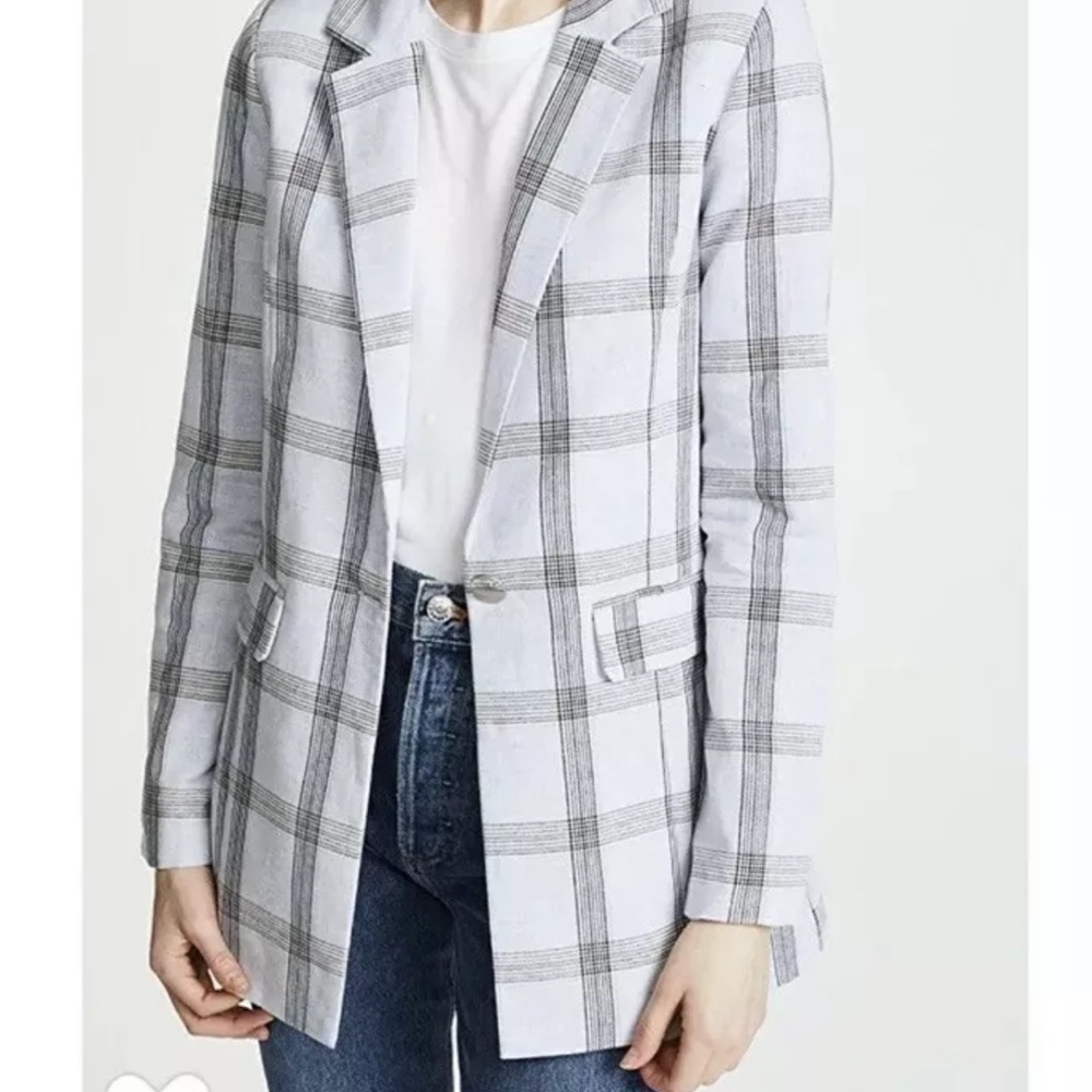J.O.A x Chriselle Light Blue/Grey/Black Linen Checked Blazer Size XS